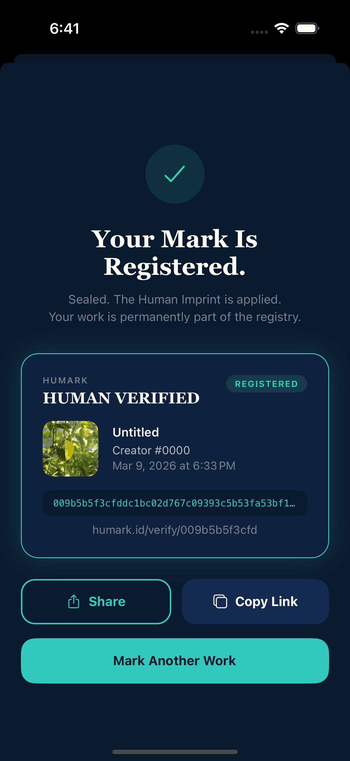 Humark app: Your mark is registered and human verified